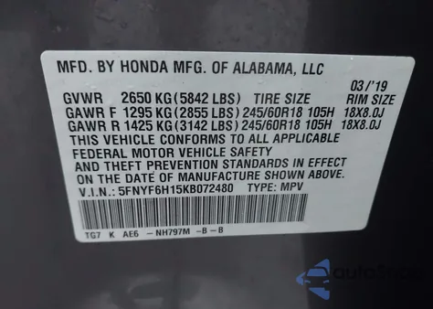 2019 Honda Pilot Lx from USA, damaged, VIN 5FNYF6H15KB072480
